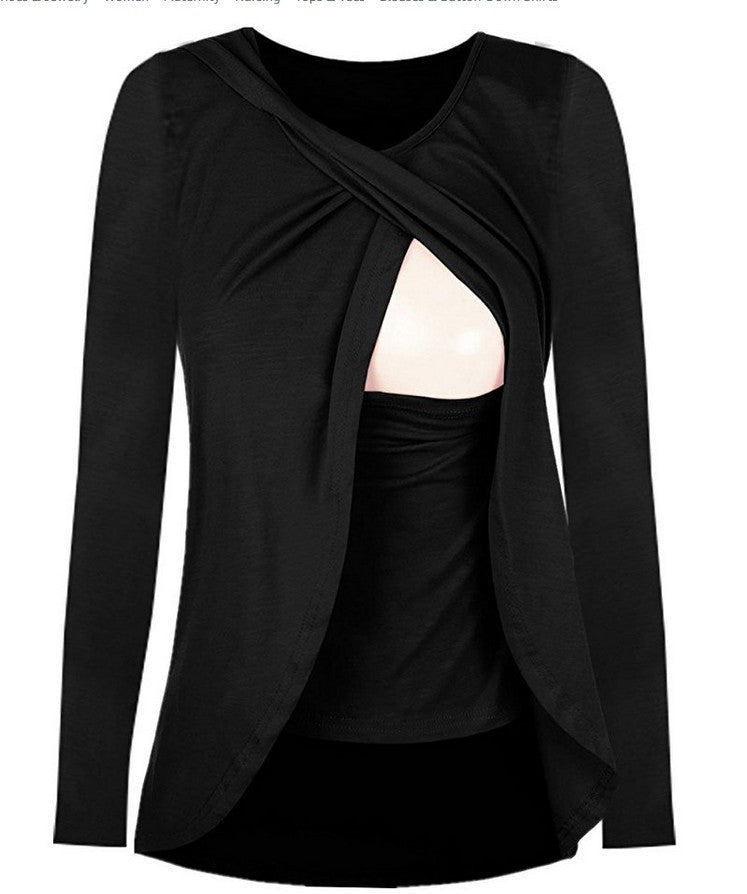 Europe maternity cotton round neck can uncover feeding pregnant women leisure all-match solid color shirt blouse 8962 - Enfance-Heureuse