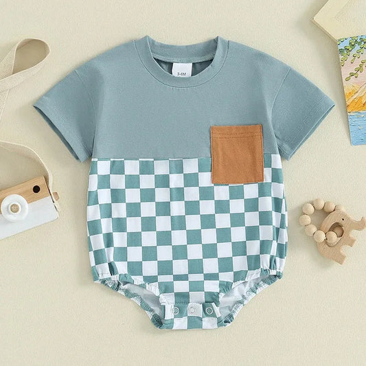 Baby Summer Jumpsuit Waffle Patchwork Pocket Short Sleeve - Enfance-Heureuse