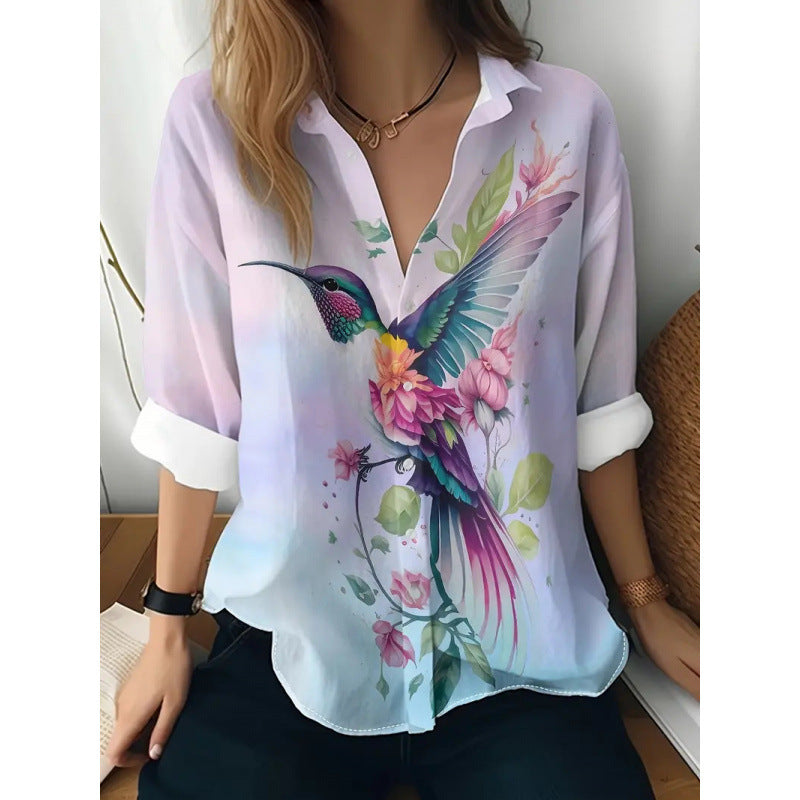 Floral Print Long-sleeved Shirt Women's Casual Button Tops Clothing - Enfance-Heureuse