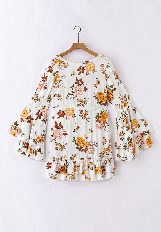 Printed V-Neck Flare Sleeve Mini Dress - Enfance-Heureuse