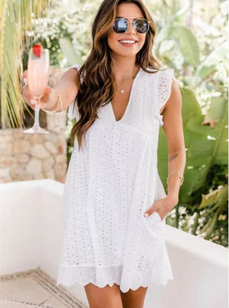 Lace Dresses With Pocket Summer Sleeveless Jacquard Cutout V-Neck Beach Dress - Enfance-Heureuse
