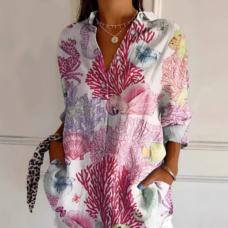 Floral Print Long-sleeved Shirt Women's Casual Button Tops Clothing - Enfance-Heureuse