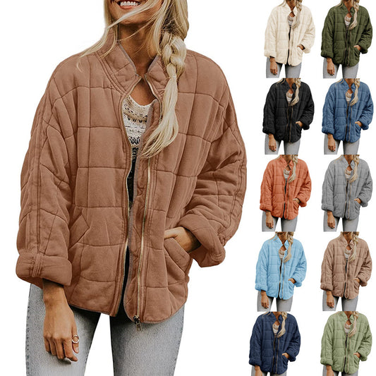 Winter Zip-up Stand Collar Coat With Pockets Fashion Solid Color Plaid Long Sleeved Jacket Women's Clothing - Enfance-Heureuse