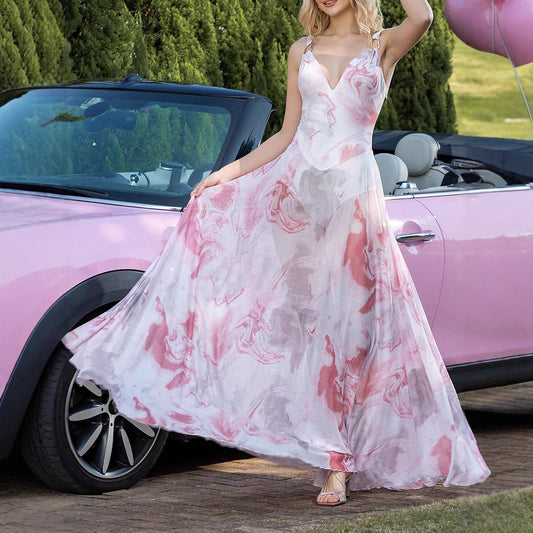 V-neck Strap Printed Semi-transparent Dress - Enfance-Heureuse