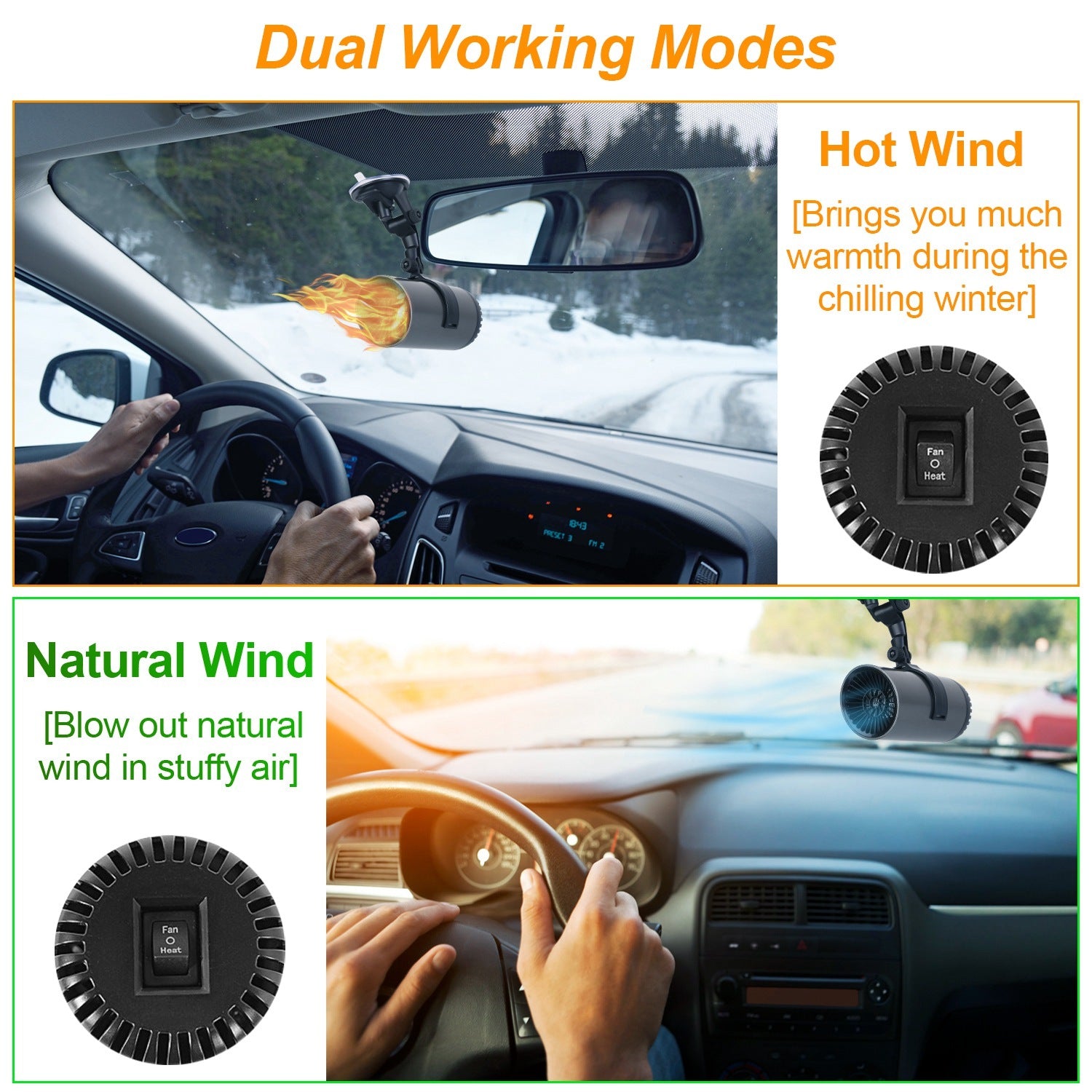 1Pc 12V 150W Portable Car Heater 2 In 1 Heating Cooling Fan Rotatable Demister Defroster With 4.92ft Cord - Enfance-Heureuse