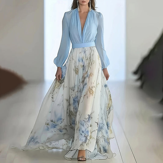Women's Deep V-Neck Floral Print Boho Maxi Dress With Long Sleeves - A-Line Waist Ruffle Hem Dress For Spring&Summer Vacation - Enfance-Heureuse