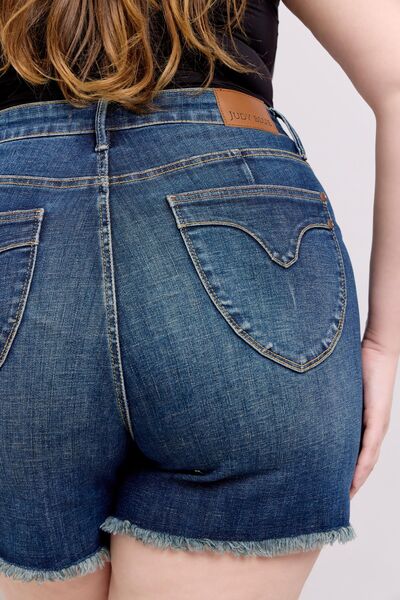 Judy Blue Tummy Control Fray Hem & Shield Back Pockets Denim Shorts - Enfance-Heureuse