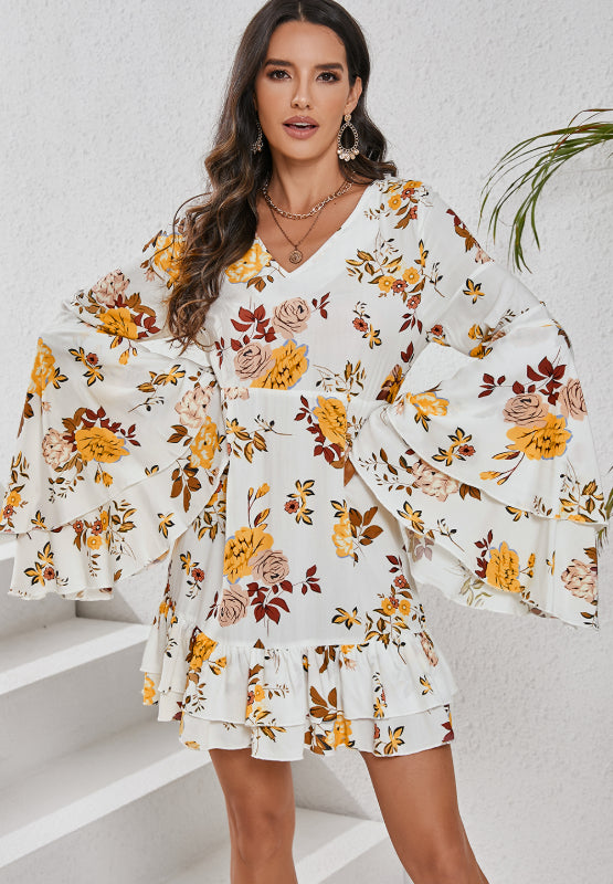 Printed V-Neck Flare Sleeve Mini Dress - Enfance-Heureuse