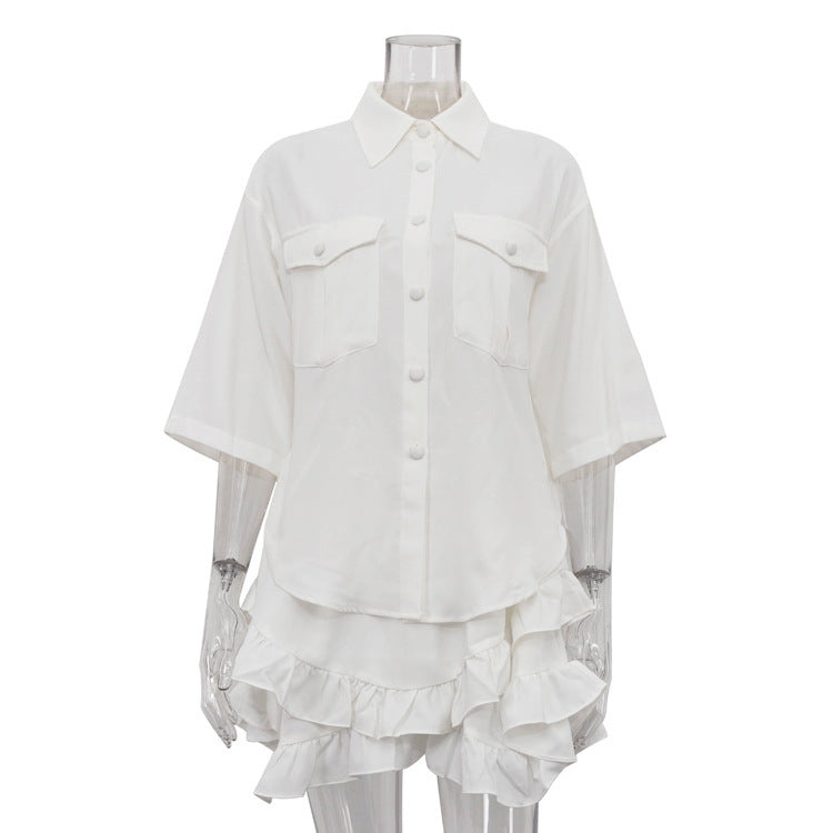 Ruffled Tiered Skirt Lapel Short-sleeved Shirt Two-piece Set - Enfance-Heureuse