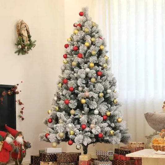 HOMCOM 6.5 Ft Pre-Lit Artificial Christmas Tree With 350 Clear Lights And 1107 Tips, Snow Flocked Christmas Tree With Metal Stand, Hinged Xmas Tree For Home Office Holiday, Green - Enfance-Heureuse