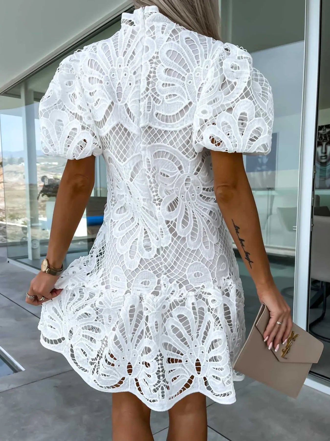 Lace Mock Neck Puff Sleeve Dress - Enfance-Heureuse