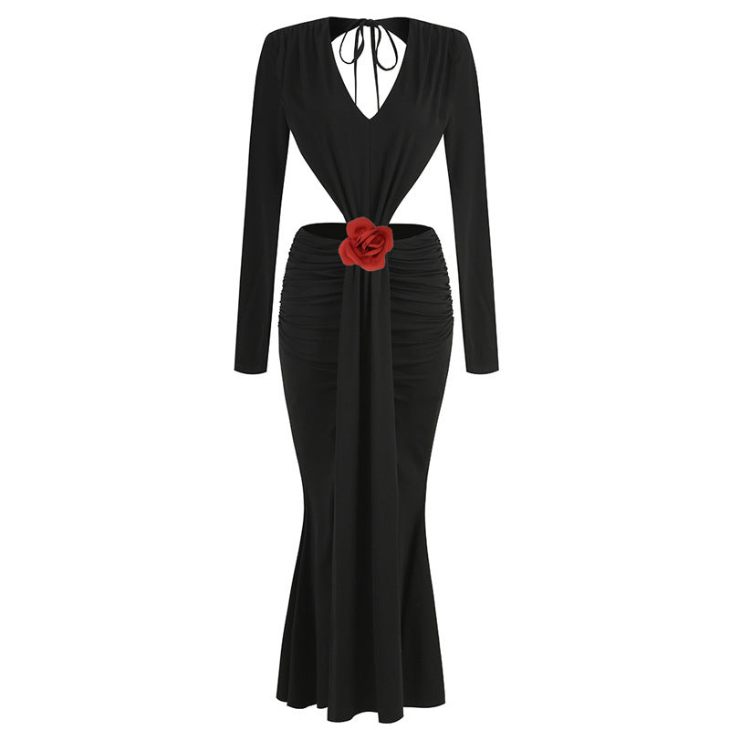 Sexy V-neck Backless Long Sleeves Skirt Waist Decorative Flower Split Fishtail Gown Dress Long - Enfance-Heureuse