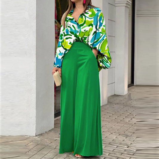 Women's Printed Shirt Wide Leg Pants Fashion Casual Set - Enfance-Heureuse