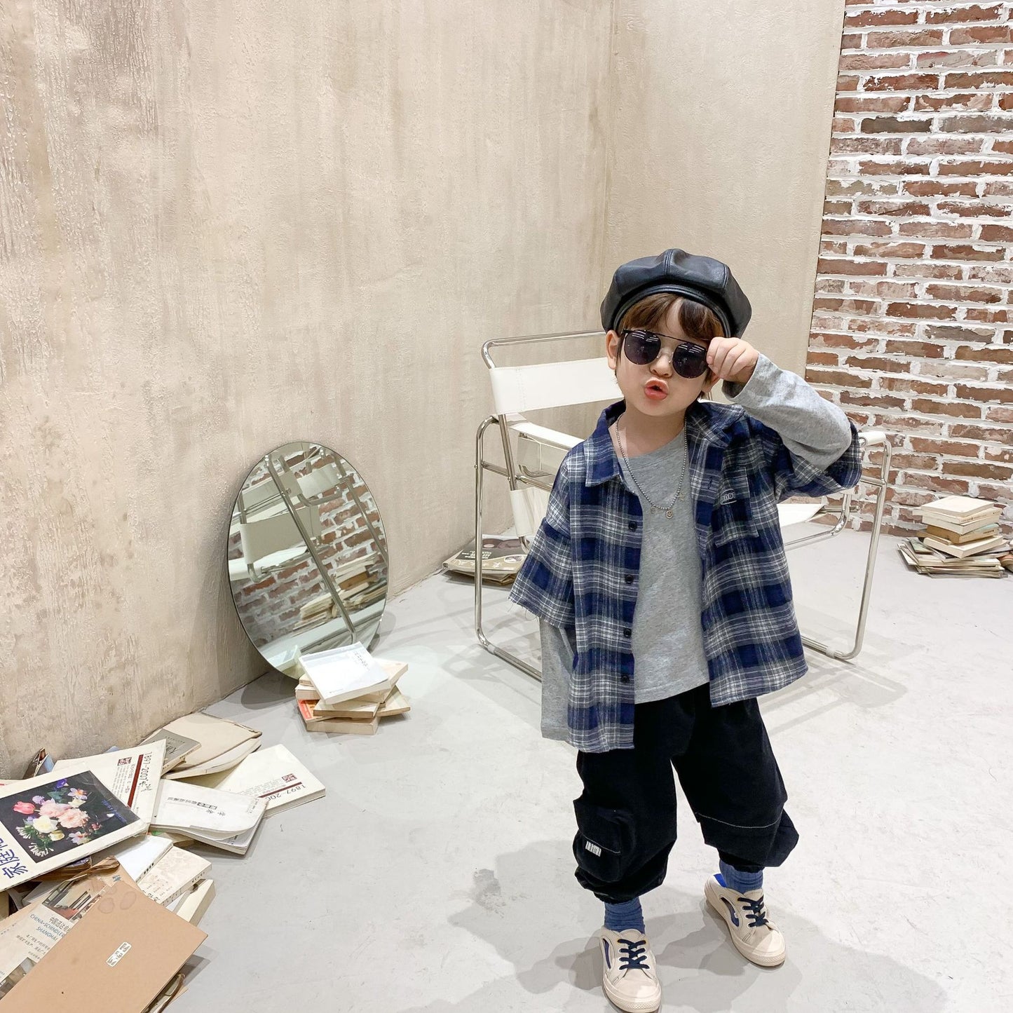 Boys plaid shirt stitching t-shirt - Enfance-Heureuse