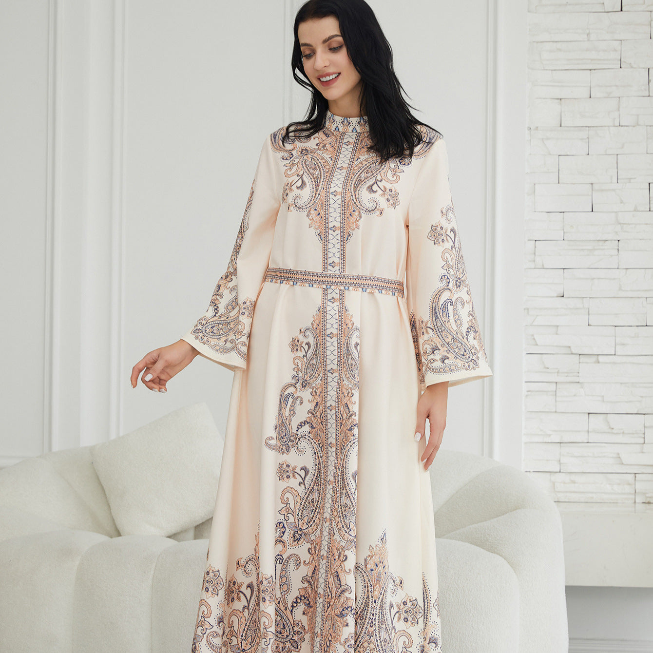 Stand Collar Printing Long Retro Muslim Dress - Enfance-Heureuse