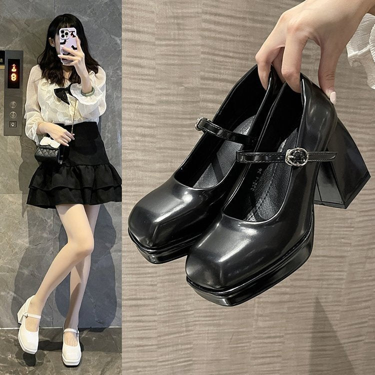 Square Toe Universal Shallow Mouth Buckle Leather Shoes - Enfance-Heureuse