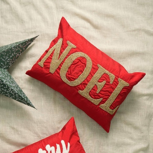 Handcrafted Red Noel Beadwork Lumber Pillow Perfect For The Season - Enfance-Heureuse