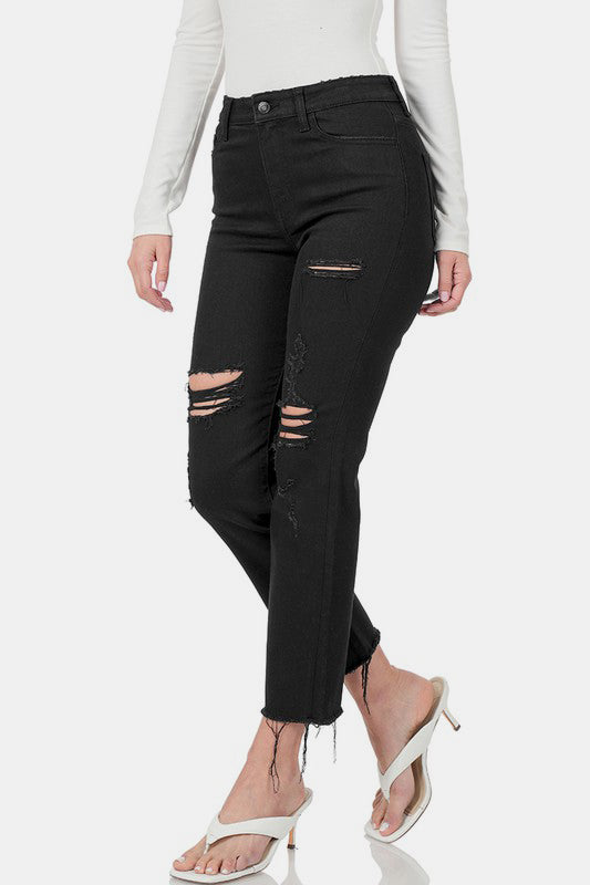 Zenana Distressed Raw Hem Cropped Jeans - Enfance-Heureuse