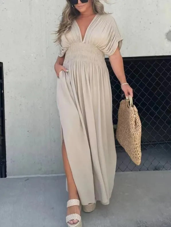 Fashion Bat-sleeved V-neck Slit Dress Summer Short Sleeve Elastic Waist Long Dresses Womens Clothing - Enfance-Heureuse