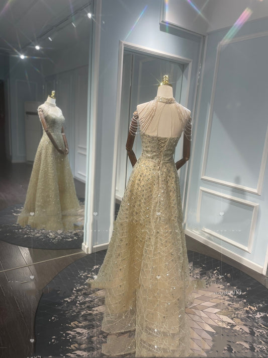 Golden Neck Hanging Light Luxury Toast Evening Dress - Enfance-Heureuse