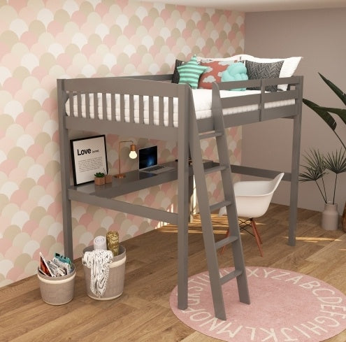 Everest Grey High Loft Bed With Desk And Storage, Heavy Duty Solid Wood Full Size Loft Bed Frame With Stairs For Kids And Toddlers, No Box Spring Needed - Enfance-Heureuse