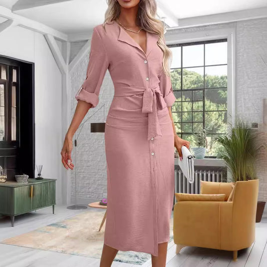 Women's Solid Color Polo Collar Lace-up Waist Dress - Enfance-Heureuse