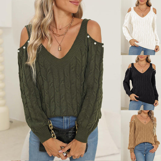 Woven Bottoming Shirt Deep V Off-the-shoulder Pullover Loose Sweater - Enfance-Heureuse