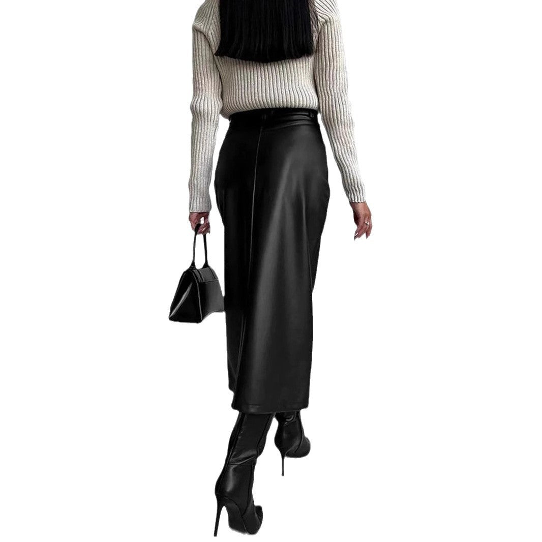 Autumn And Winter European And American Retro Leather Leather Skirt Split Skirt - Enfance-Heureuse