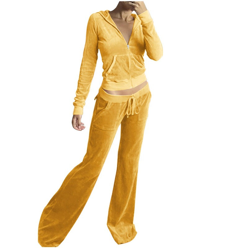 Casual Solid Color Velvet Wide Leg Pants Two-piece Set - Enfance-Heureuse