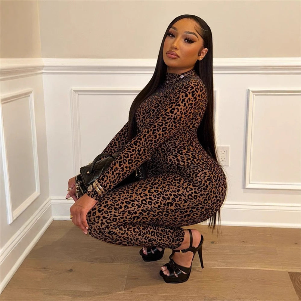 All-match Sexy Hot Girl Leopard Print Long Sleeve Jumpsuit - Enfance-Heureuse