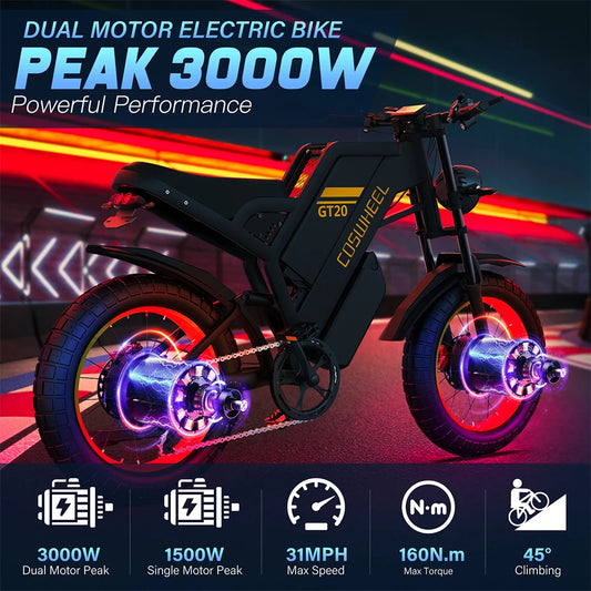 Coswheel Electric bike 3000W GT20 PRO Off Road Electric Motorcycle 48V 40AH Dual Motor Dual Battery Mountain bike Fat Tire Ebike - Enfance-Heureuse