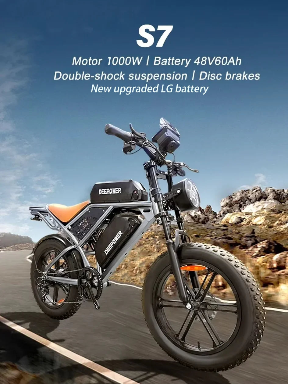 DEEPOWER S7 Off-Road Electric Bike for 1000W Motor Adults Mountain Ebike with 48V 60AH LG Battery All-Terrain Motorcycle Style - Enfance-Heureuse