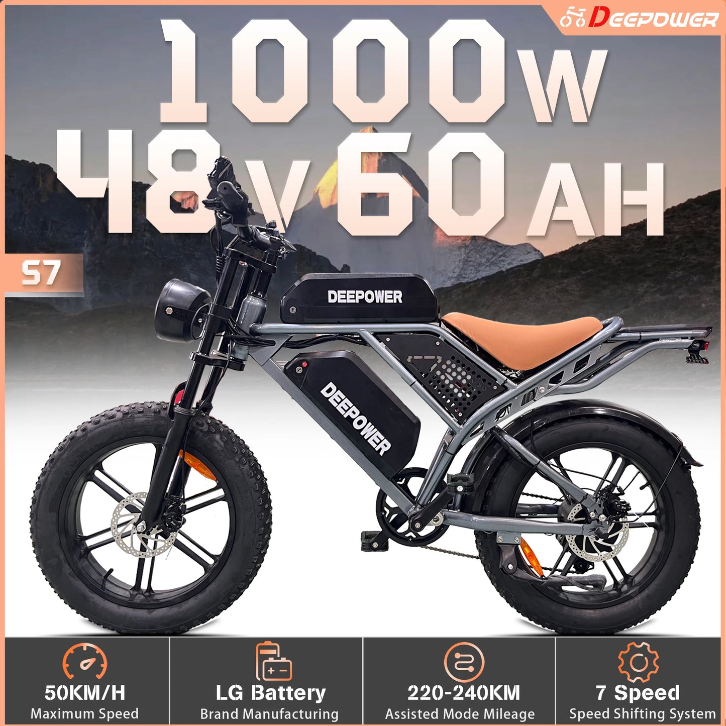 DEEPOWER S7 Off-Road Electric Bike for 1000W Motor Adults Mountain Ebike with 48V 60AH LG Battery All-Terrain Motorcycle Style - Enfance-Heureuse