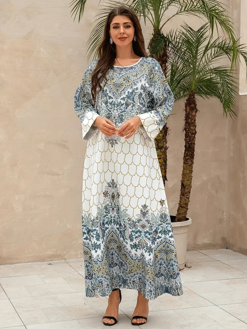 Yahua Floral Print Women's Abaya - Long Sleeved, Regular Style Dress - Enfance-Heureuse