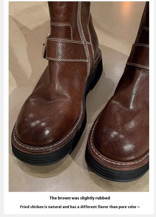 Washed Leather Round Head Chunky Heel Middle Boots Women - Enfance-Heureuse