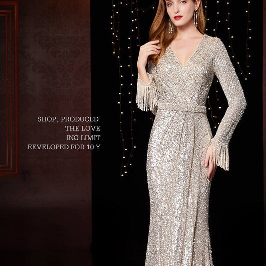 Temperament Banquet Ladies Sequined Annual Meeting Host Long Evening Dress - Enfance-Heureuse