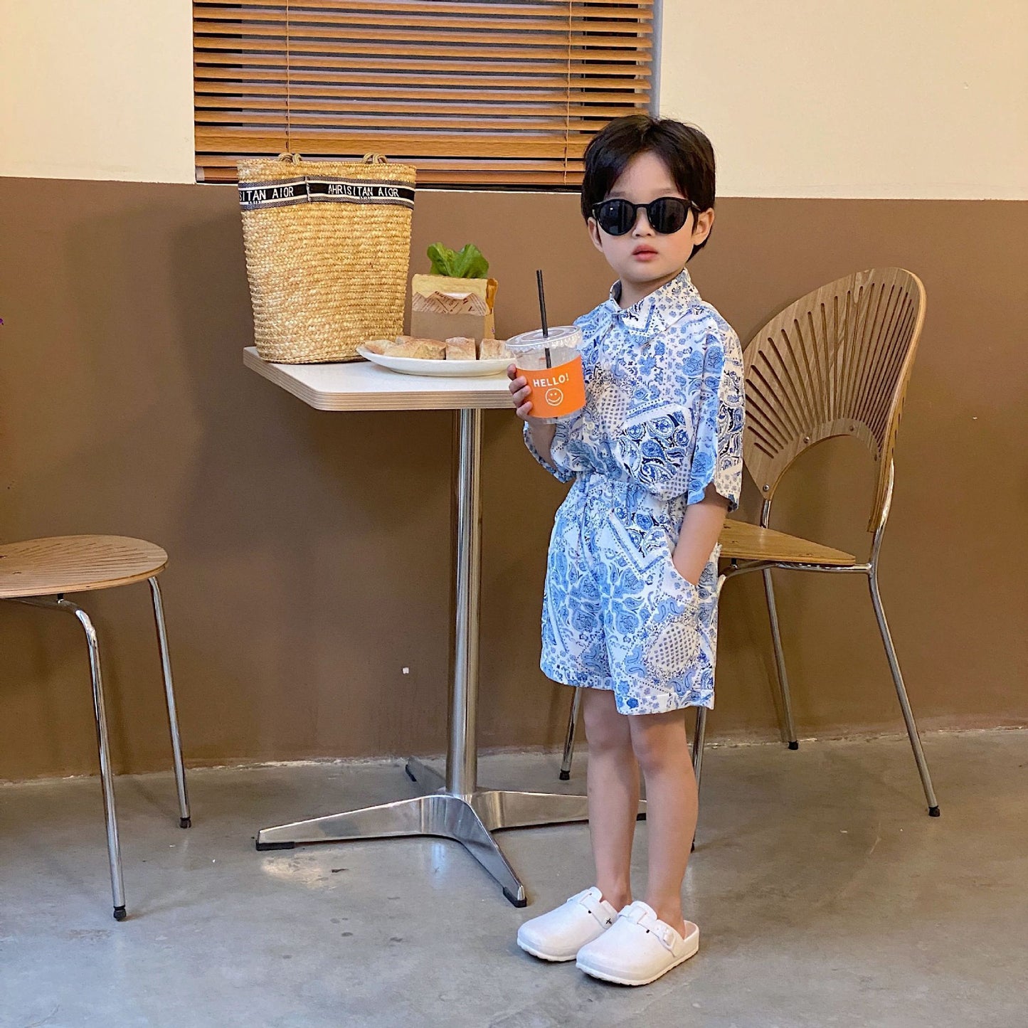Printed Shirt Boys Vacation Style Chiffon Shirt Shorts Suit - Enfance-Heureuse