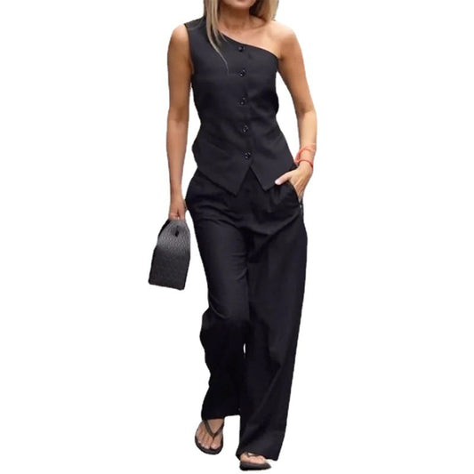 Women's Fashion Slant Shoulder Sleeveless High Waist Straight-leg Pants Casual Suit - Enfance-Heureuse