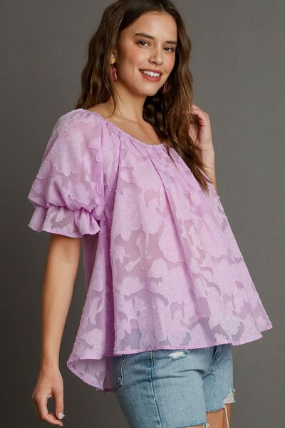 Umgee Full Size Jacquard Round Neck Ruffled Puff Sleeve Blouse Plus Size - Enfance-Heureuse