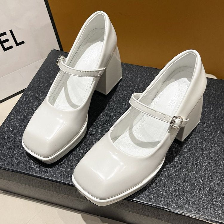 Square Toe Universal Shallow Mouth Buckle Leather Shoes - Enfance-Heureuse