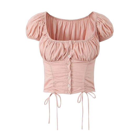 Women's Drawstring Lace Shell Button Fashionable All-match Short Top - Enfance-Heureuse