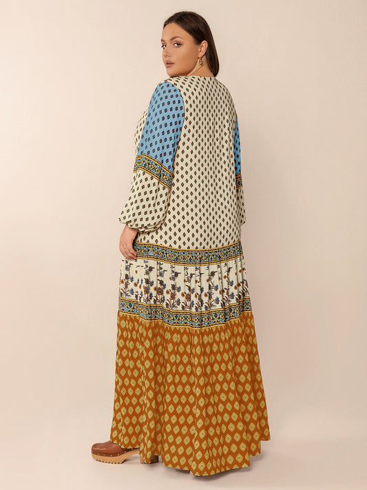 Plus Size Printed V-Neck Balloon Sleeve Maxi Dress - Enfance-Heureuse