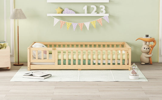 Twin Size Bed Floor Bed With Safety Guardrails And Door For Kids, Natural - Enfance-Heureuse