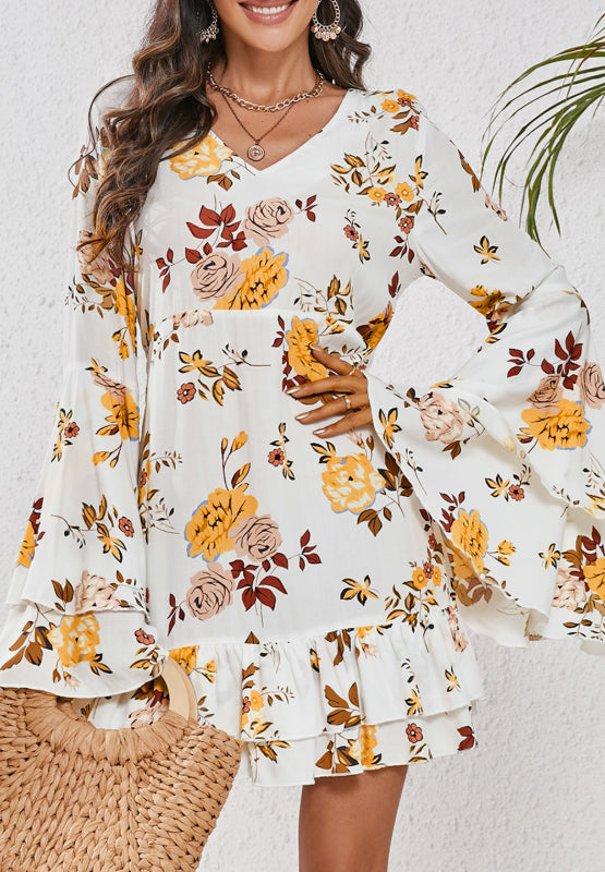 Printed V-Neck Flare Sleeve Mini Dress - Enfance-Heureuse