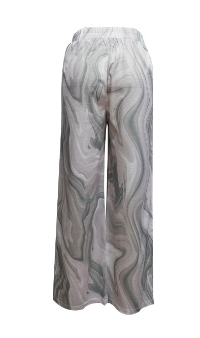 Ladies' Contrasting Printed Waist Strap Details, Loose Pleated Casual Style Wide Leg Pants - Enfance-Heureuse