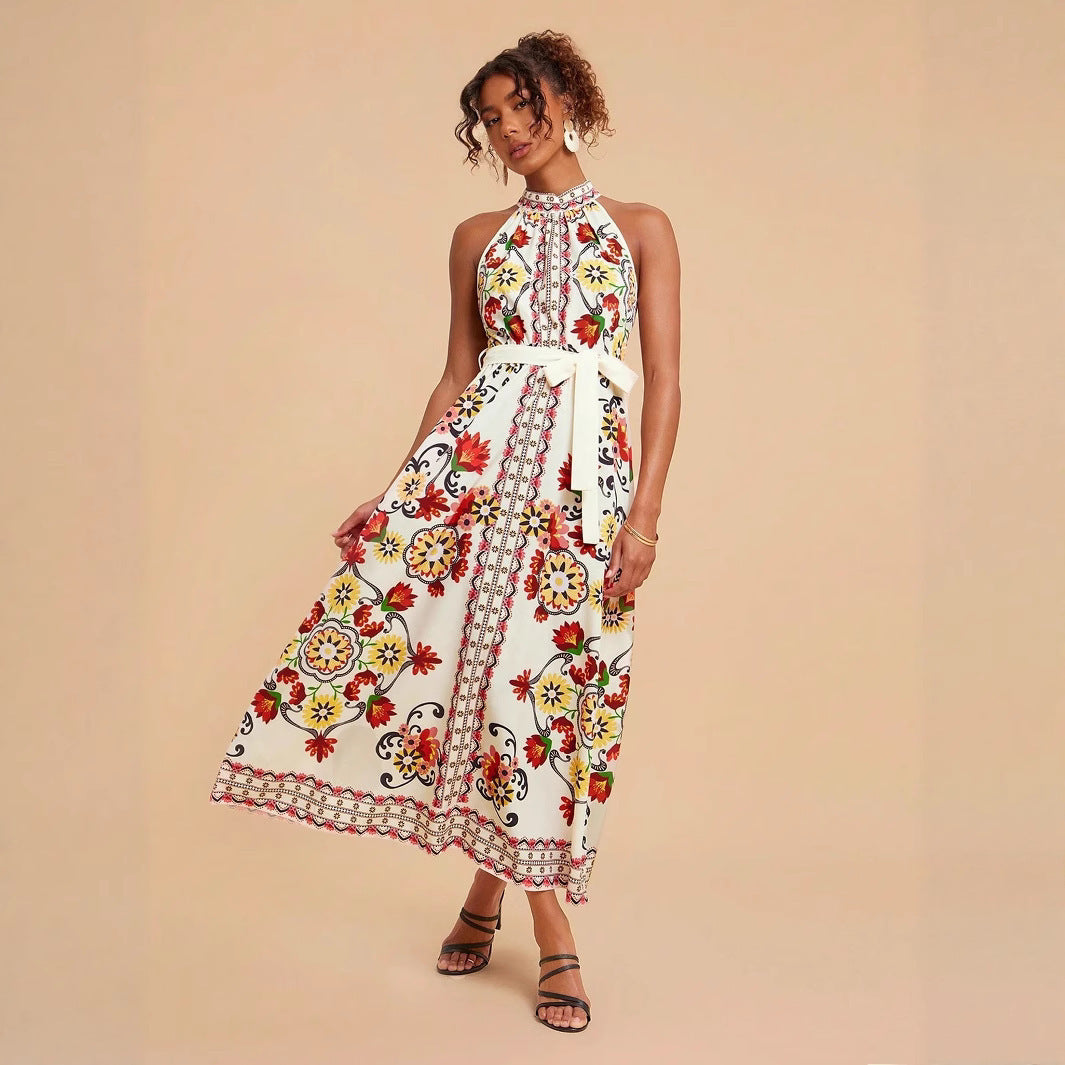 Women's Floral Print Lace-up Sleeveless Mid-length Dress - Enfance-Heureuse