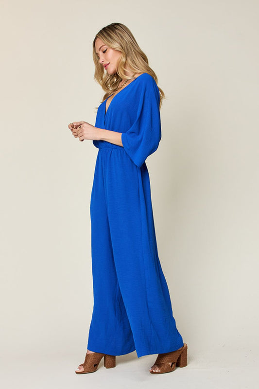 Double Take Full Size Surplice Wide Leg Jumpsuit with Pockets - Enfance-Heureuse