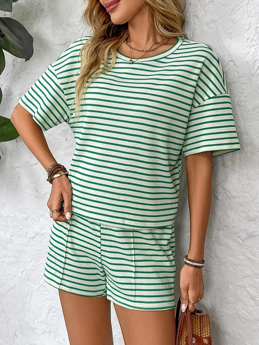Striped Round Neck Short Sleeve Top and Shorts Set - Enfance-Heureuse