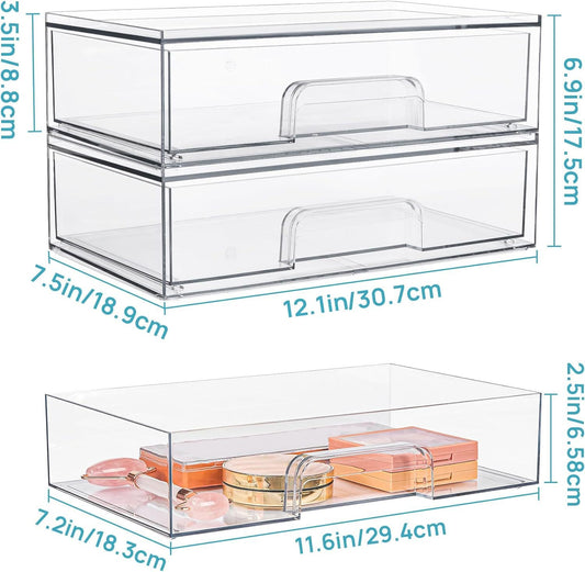 12.1in 30.7cm W Clear Stackable Storage Drawers,2 Pack Acrylic Plastic Organizers Bins For Makeup Palettes, Cosmetics, And Beauty Supplies,Ideal For Vanity, Bathroom,Cabinet,Desk Organization - Enfance-Heureuse