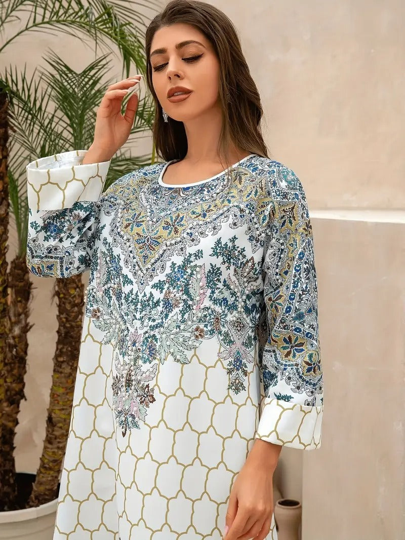 Yahua Floral Print Women's Abaya - Long Sleeved, Regular Style Dress - Enfance-Heureuse